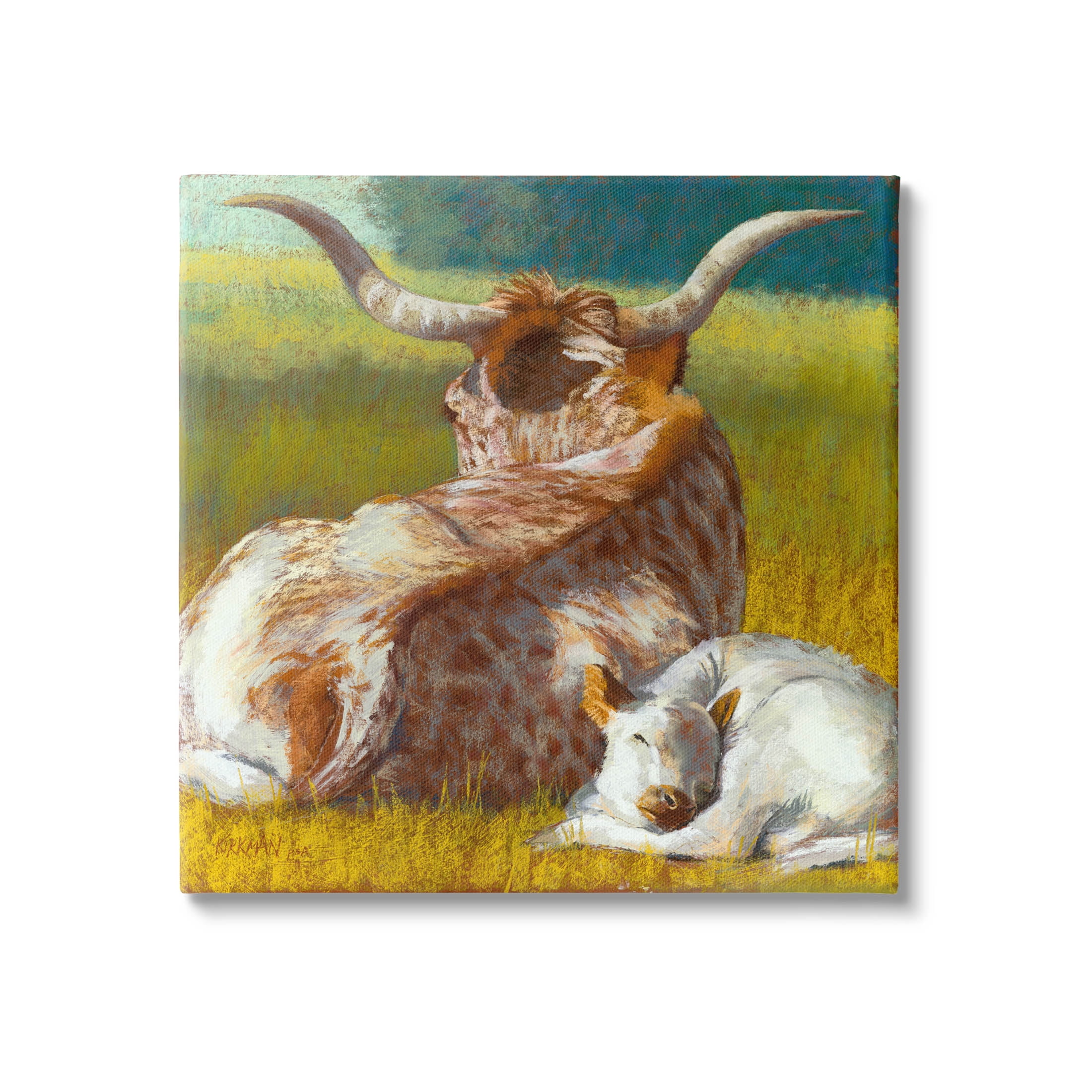 Longhorn Cattle Calf Resting Animals & Insects Painting Gallery Wrapped Canvas Print Wall Art
