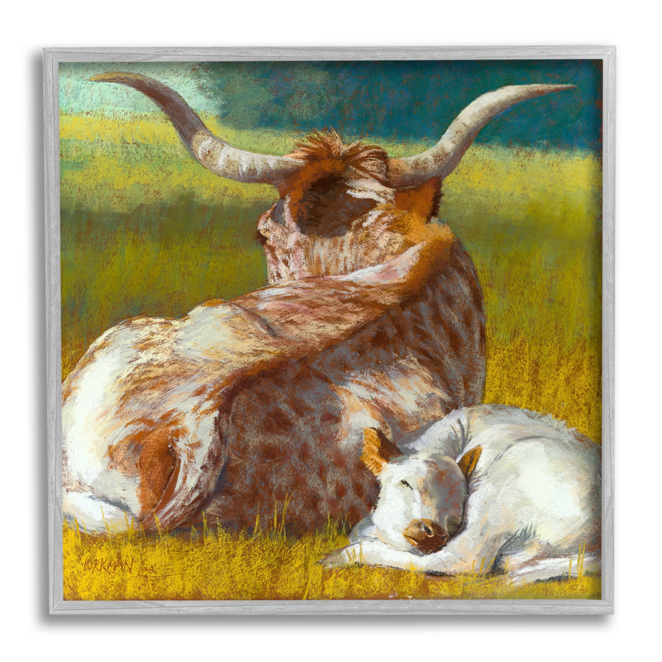 Longhorn Cattle Calf Resting Animals & Insects Painting Gray Framed Art Print Wall Art