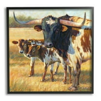 Longhorn Cattle Family Grassland Animals & Insects Painting Black Framed Art Print Wall Art