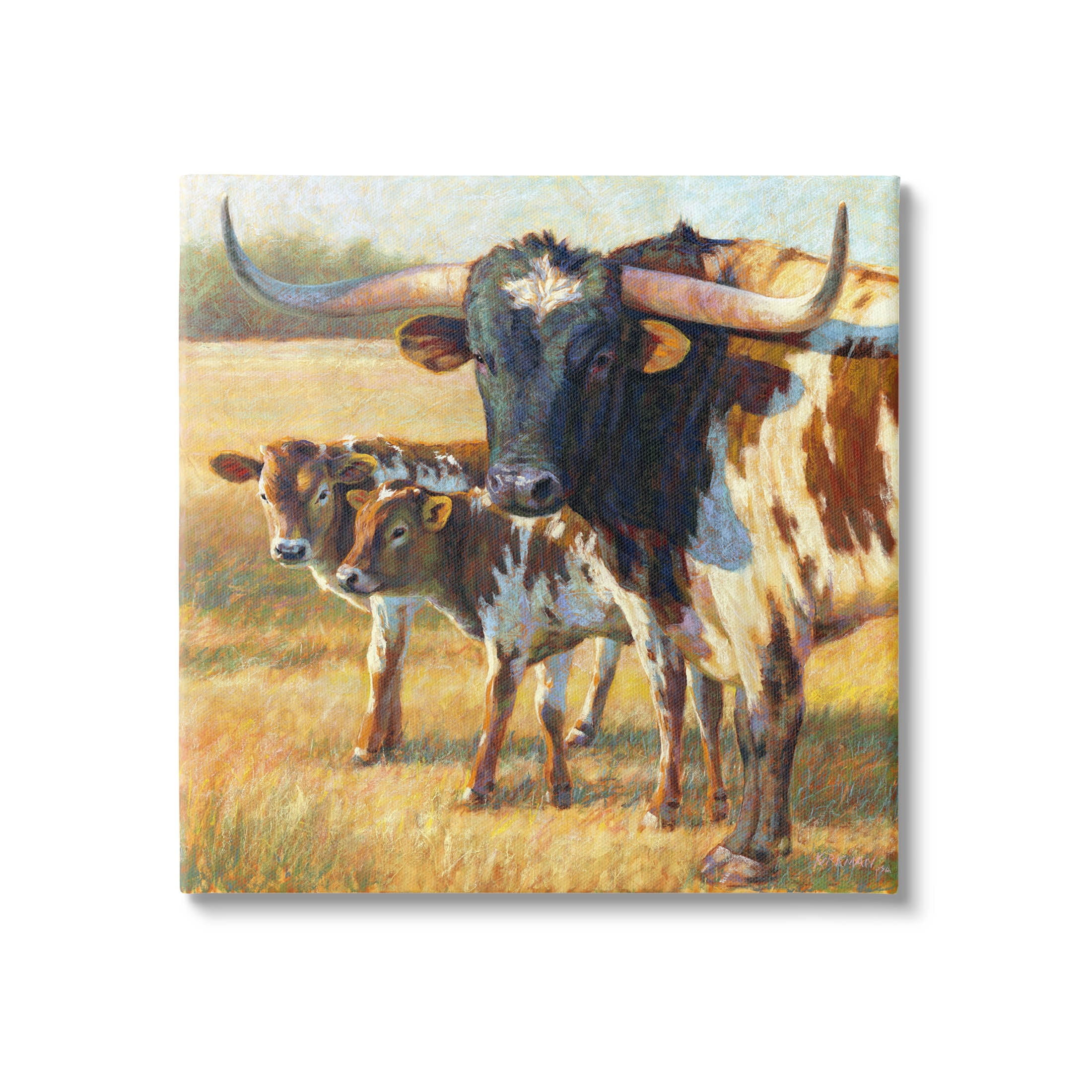 Longhorn Cattle Family Grassland Animals & Insects Painting Gallery Wrapped Canvas Print Wall Art