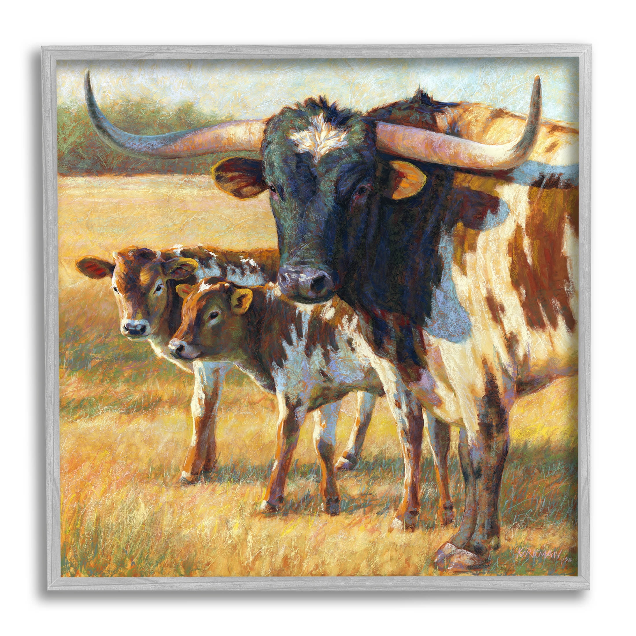 Longhorn Cattle Family Grassland Animals & Insects Painting Gray Framed Art Print Wall Art