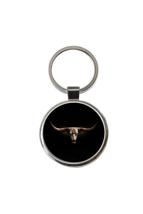 Longhorn Cattle Skull Metal Round Keychain
