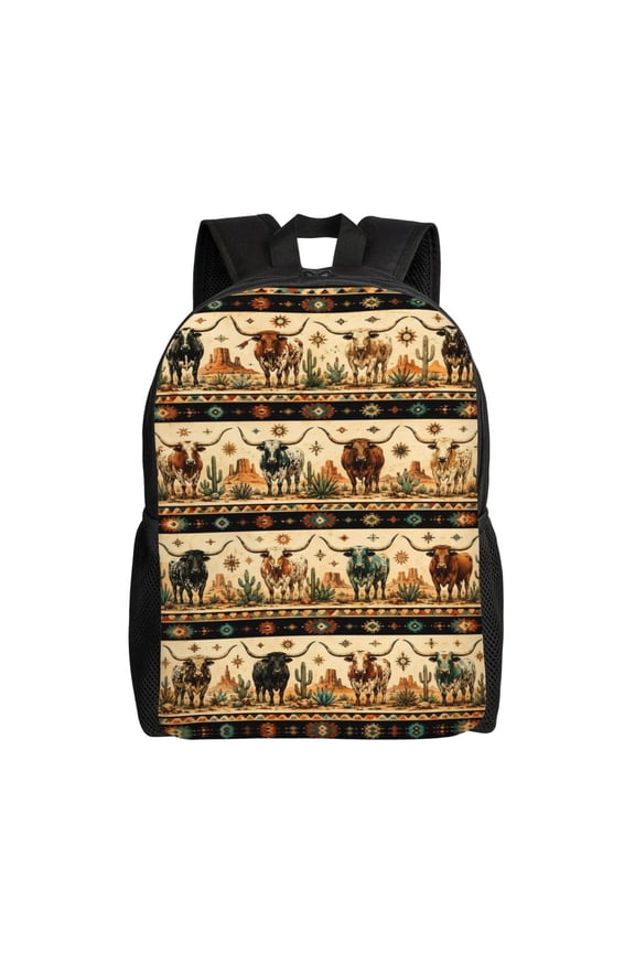 Longhorn Cattle Southwest Backpack Full Front Print Travel Laptop Bag for Men and Women