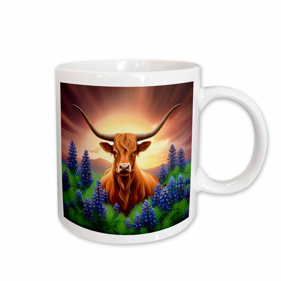 3drose, Longhorn Cattle Surrounded by a Wreath of Bluebonnet, 11oz Mug