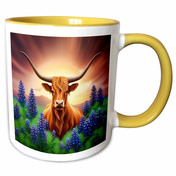 3drose, Longhorn Cattle Surrounded by a Wreath of Bluebonnet, 15oz Two-tone Yellow Mug