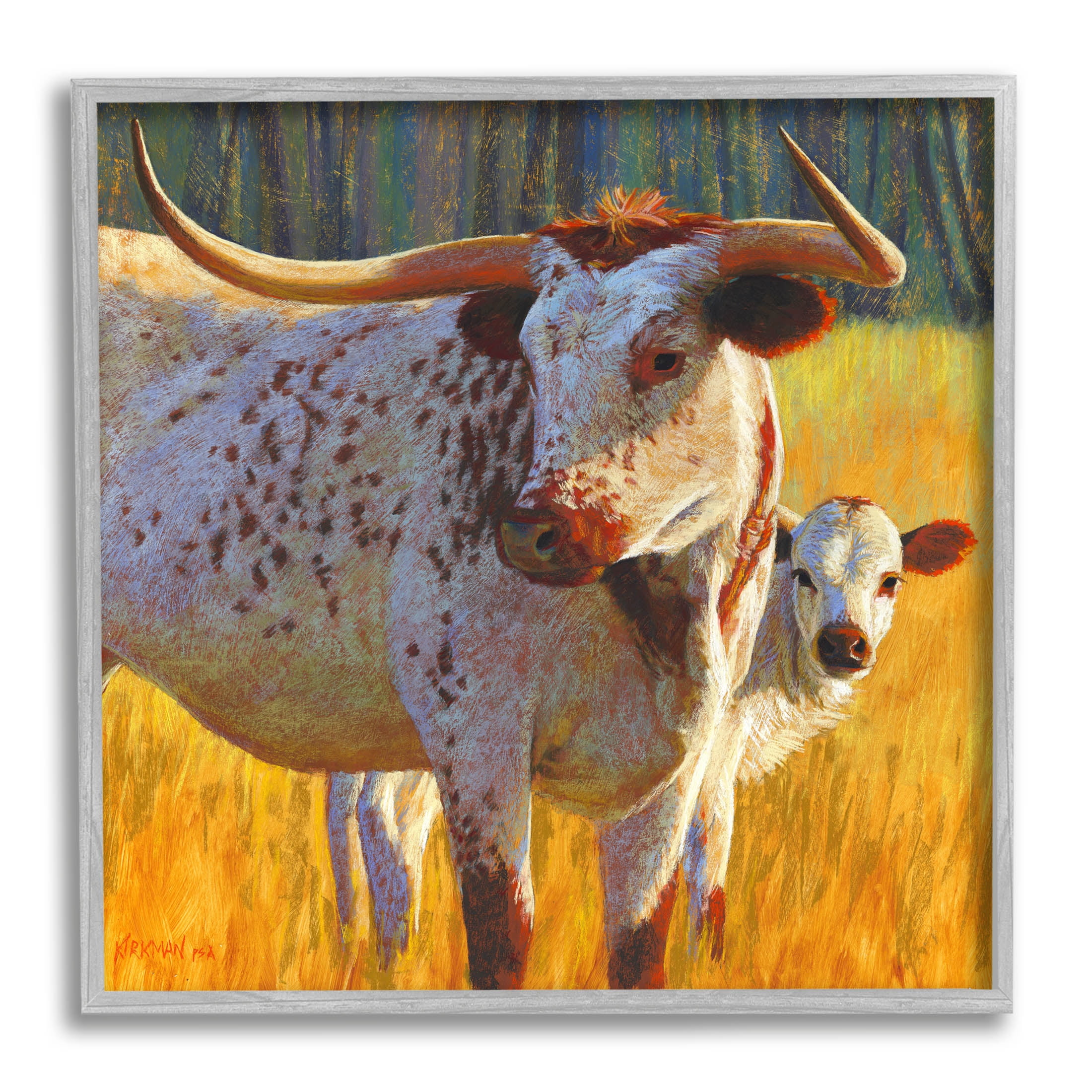 Longhorn Cow Calf Grassland Farm Animals & Insects Painting Gray Framed Art Print Wall Art