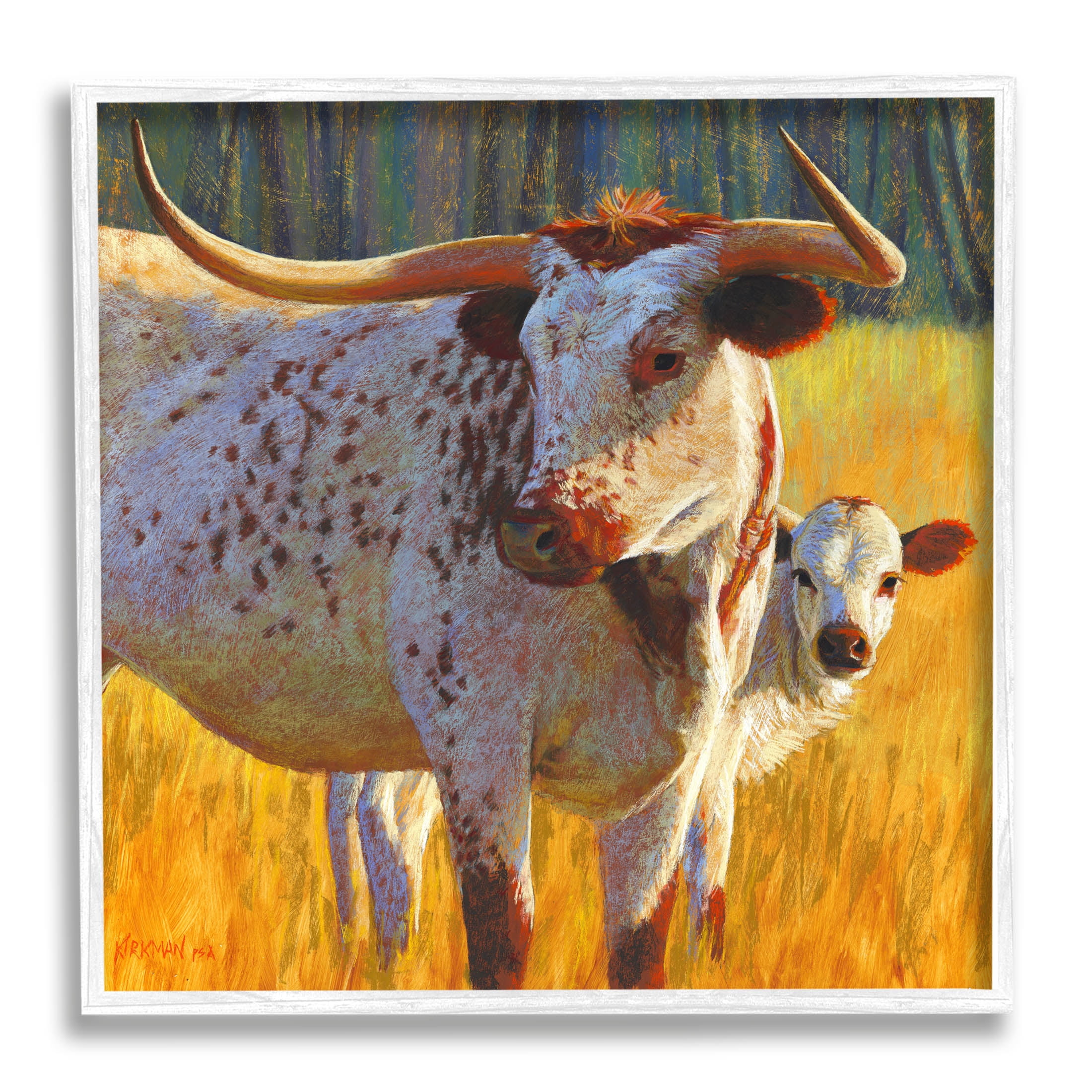 Longhorn Cow Calf Grassland Farm Animals & Insects Painting White Framed Art Print Wall Art