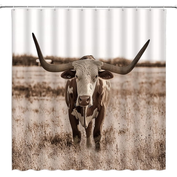 Longhorn Cow Shower Curtain Rustic Highland Cow Western Farm Animal Cattle Nature Country Retro Brown Bathroom Decor Curtain with Hooks,60" W x 70"