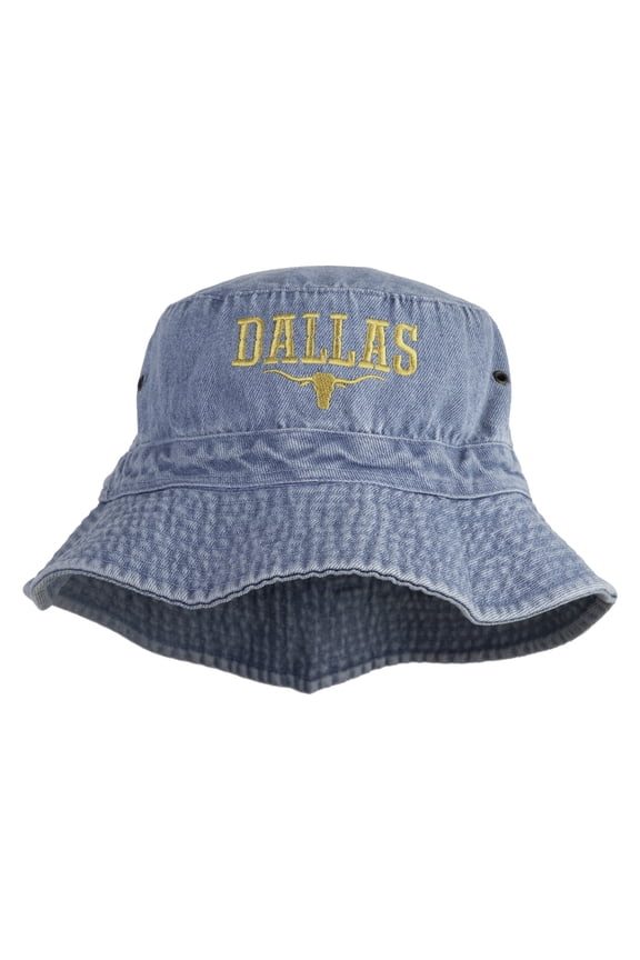Longhorn Dallas Texas Embroidered Pigment Dyed Bucket Hat - Light Denim OSFM
