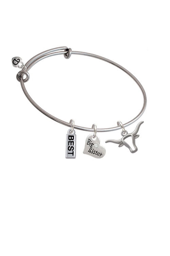 Longhorn Head Outline Charm on Best Big Sister Heart Expandable Bangle Bracelet