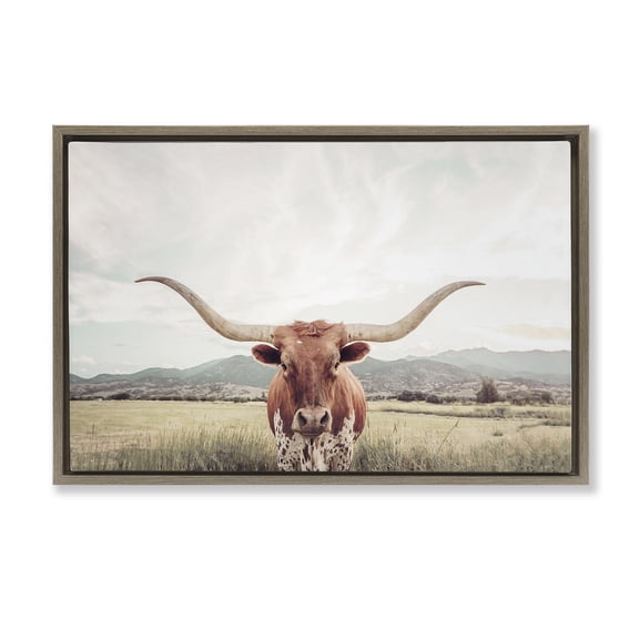 Stupell Industries Longhorn Portrait Open Meadow Brown Framed Floater Canvas Wall Art, design by Sisi and Seb