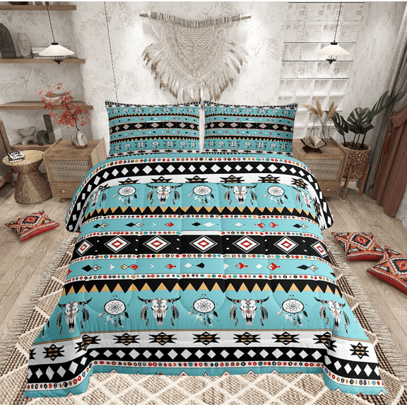Longhorn Skull Comforter Set Geometric Aztec Twin Bedding Sets,Dream Catchers Quilt Bed Set Southwestern Duvet Insert,Geometry Diamond Triangle Western Decor for Home
