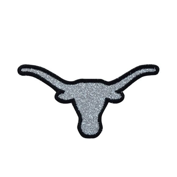 Longhorn Skull - Steer Head - Silver Glitter/Black Outline - Iron on Applique/Embroidered Patch