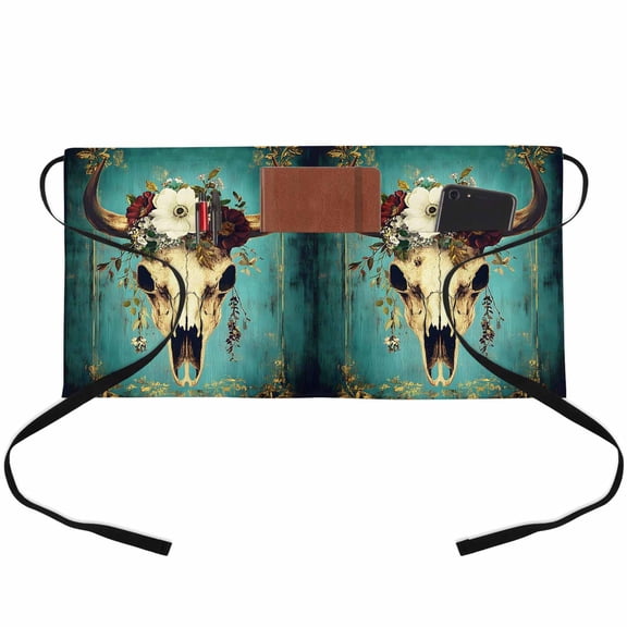 Longhorn Skull Waitress Apron with 3 Pockets, Gothicism Roses Florals Teal Oil Painted Server Aprons Waterproof Kitchen Restaurant Half Waist Apron for Men Women