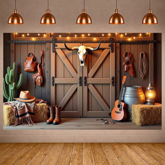 Longhorn Skull Western Cowboy Banner Leather Boots Rustic Backdrop Wooden Barn Door Cactus Farmhouse Display for Cowboy Party Western Themed Event Wild West Birthday