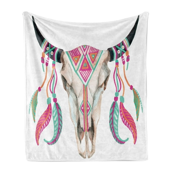 Longhorn Soft Flannel Fleece Throw Blanket, Bull Skull Image with Tribal Ornate and Colorful Feathers on Plain Backdrop, Cozy Plush for Indoor and Outdoor Use, 70" x 90", Multicolor, by Ambesonne