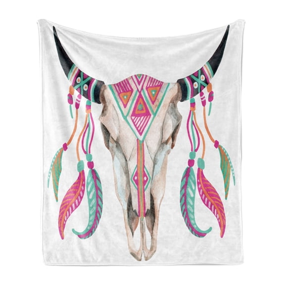 Longhorn Soft Flannel Fleece Throw Blanket, Bull Skull Image with Tribal Ornate and Colorful Feathers on Plain Backdrop, Cozy Plush for Indoor and Outdoor Use, 70" x 90", Multicolor, by Ambesonne