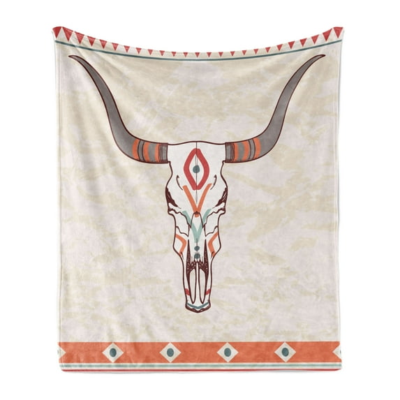 Longhorn Soft Flannel Fleece Throw Blanket, Essential Bull Skull Illustration Print with Themed Ornaments, Cozy Plush for Indoor and Outdoor Use, 60" x 80", Cream Multicolor, by Ambesonne
