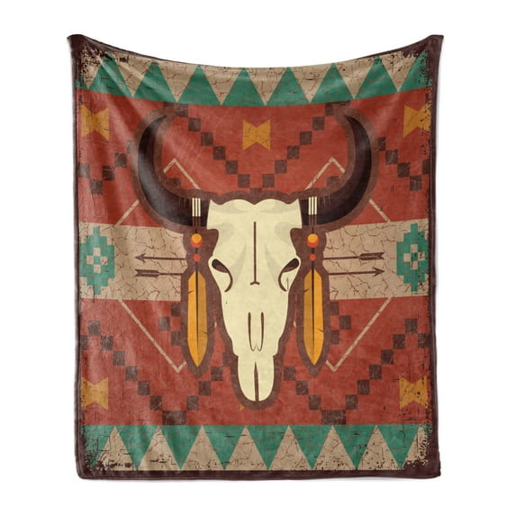 Longhorn Soft Flannel Fleece Throw Blanket, Themed Illustration of Bull Head Inspired Ornamental Image, Cozy Plush for Indoor and Outdoor Use, 50" x 70", Multicolor, by Ambesonne