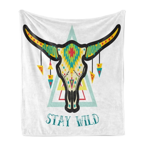 Longhorn Soft Flannel Fleece Throw Blanket, Vivid Bohemian Style Graphic with Ornaments and Stay Wild Typography, Cozy Plush for Indoor and Outdoor Use, 50" x 60", Multicolor, by Ambesonne