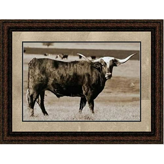 Longhorn Staredown | Western Framed Cattle Art in Double Mat | 16L X 19W" Inches