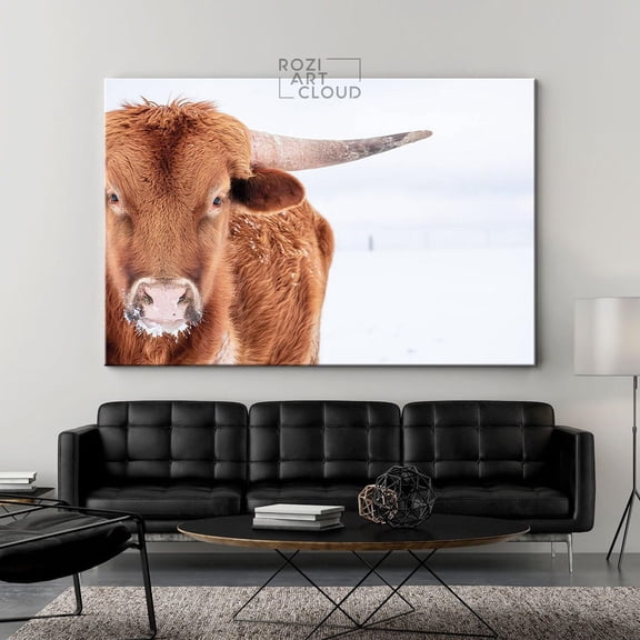 Longhorn Steer Wall Art Farmhouse Style Artwork White Snow Animal Decoration, Stretched Canvas 8x10in