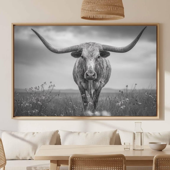 Longhorn Steer Wall Art Print, Black And White Western Decor