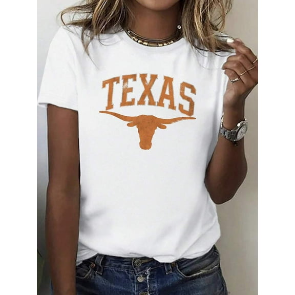 Longhorn TEXAS Casual Crew Neck T-Shirt For Women's, Comfortable Fit Graphic Tees, Suitable For All Seasons, Daily Wear Clothes, School Wear, Street Wear Tops