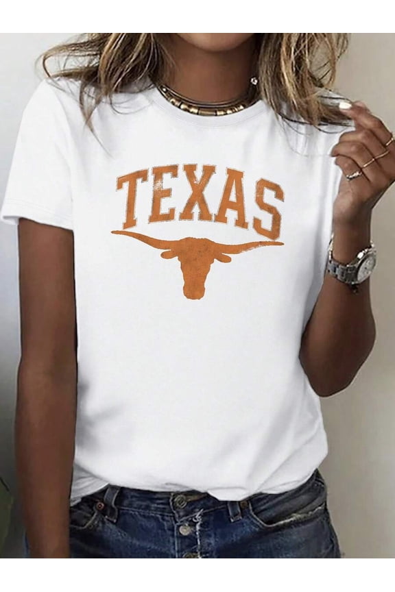 Longhorn TEXAS Casual Crew Neck T-Shirt For Women's, Comfortable Fit Graphic Tees, Suitable For All Seasons, Daily Wear Clothes, School Wear, Street Wear Tops