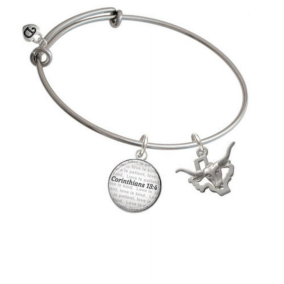 Longhorn - Texas - Bible Verse Corinthians 13:4 Glass Dome Bangle Bracelet