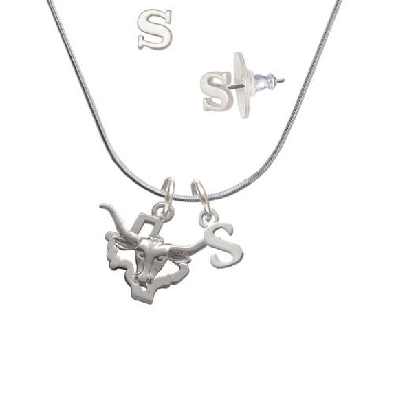 Longhorn - Texas - S Initial Charm Necklace and Stud Earrings Jewelry Set