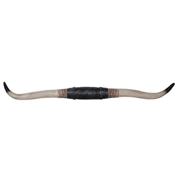 Longhorn Wall Decor, Rustic Country Charm, Resin, Distressed Horns, Leather Strap, Floral Embossing, 40 Inches