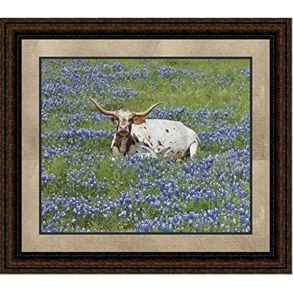 Longhorn in Blue Bonnet | Western Framed Cattle Art in Double Mat | 16L X 19W" Inches