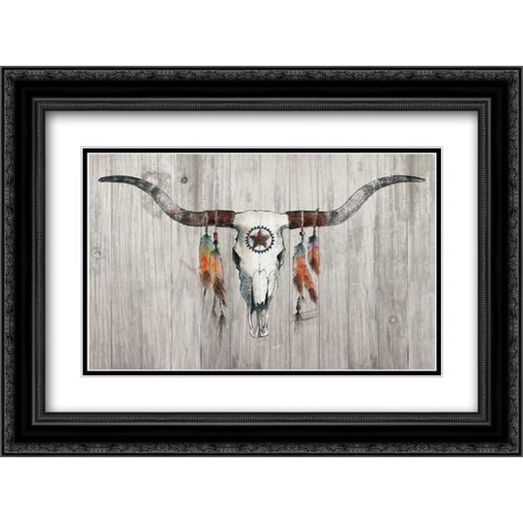 Longhorn on Wood 2x Matted 24x18 Black Ornate Framed Art Print by Tillmon, Avery