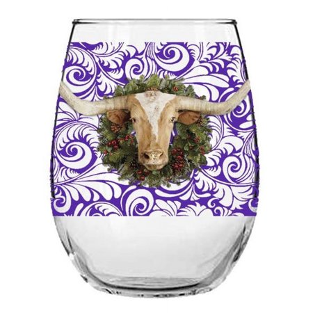 Longhorn w/Wreath Purple - 15.75 Stemless Wine Glass