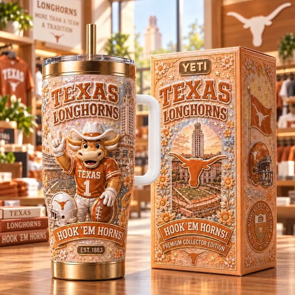Longhorns 40oz Tumbler with Handle and Straw, Bevo Mascot Stadium Edition Insulated Travel Cup, Burnt Orange College Football Gift