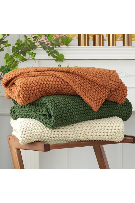 Longhui bedding Chunky Cable Knit Throw Blanket Lightweight Olive Green 100% Organic Cotton Blanket for Sofa Couch Bed Baby Nursery, Rustic Shabby Chic Modern Farmhouse, 51” x 63” Give Laundering Bag