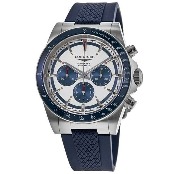 Longines Conquest Automatic Chronograph Silver Dial Blue Rubber Strap Men's Watch L3.835.4.98.9