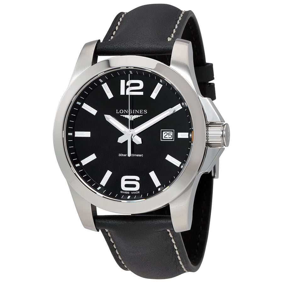 LONGINES Conquest Black Dial Black Leather Mens Watch L37604563