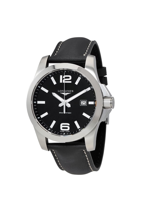 Conquest Black Dial Black Leather Mens Watch L37604563