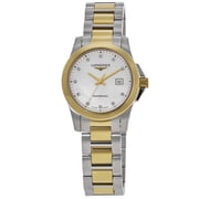 Longines Conquest Quartz 29mm Mother of Pearl Diamond Dial Yellow Gold PVD Steel Womens Watch L3.376.3.87.7