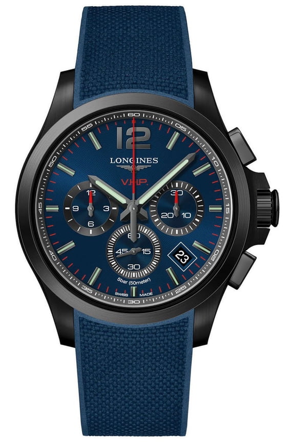 Conquest V.H.P. Chronograph Black PVD Blue Rubber Strap Blue Dial Perpetual Calendar Date Quartz Mens Watch L3.717.2.96.9