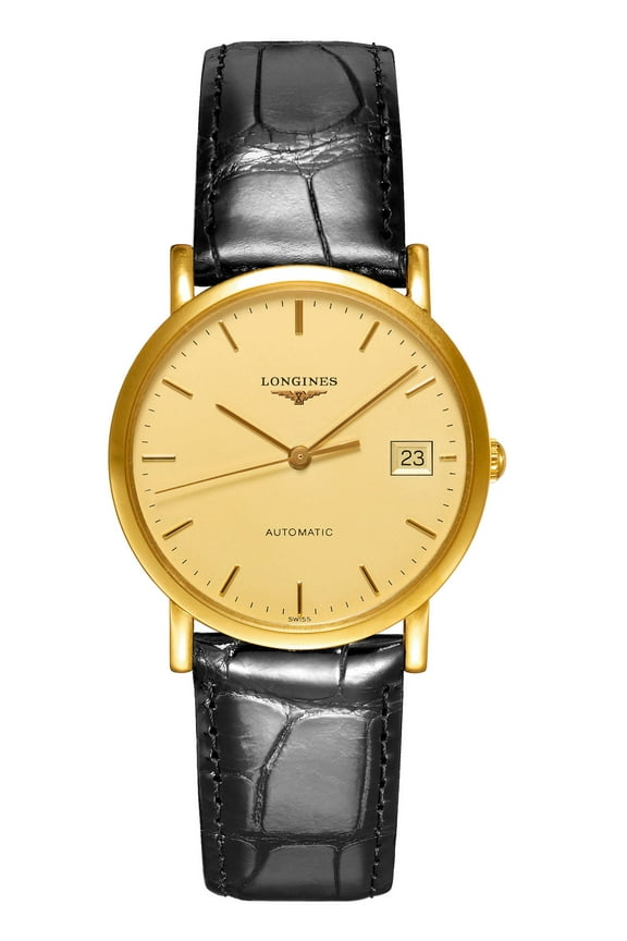 Elegant Automatic 18K Yellow Gold Champagne Dial Black Leather Strap Date Womens Watch L4.778.6.32.0