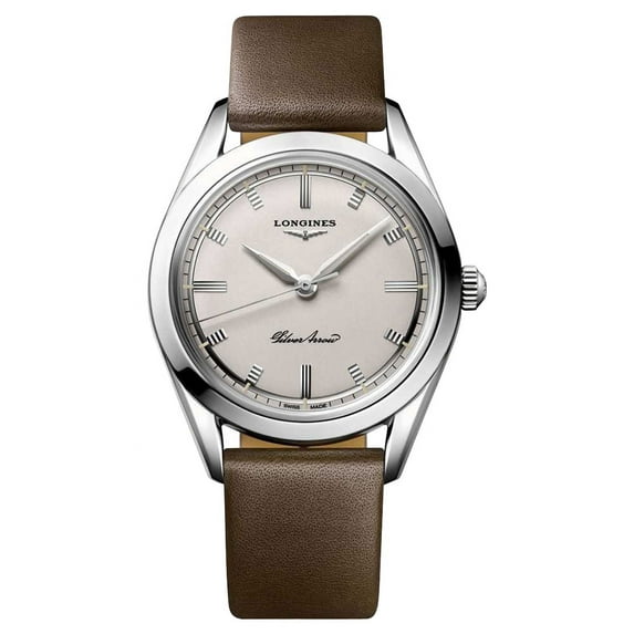 Longines Heritage Classic Silver Arrow Automatic Silver Dial Brown Leather Strap Mens Watch L2.834.4.72.2
