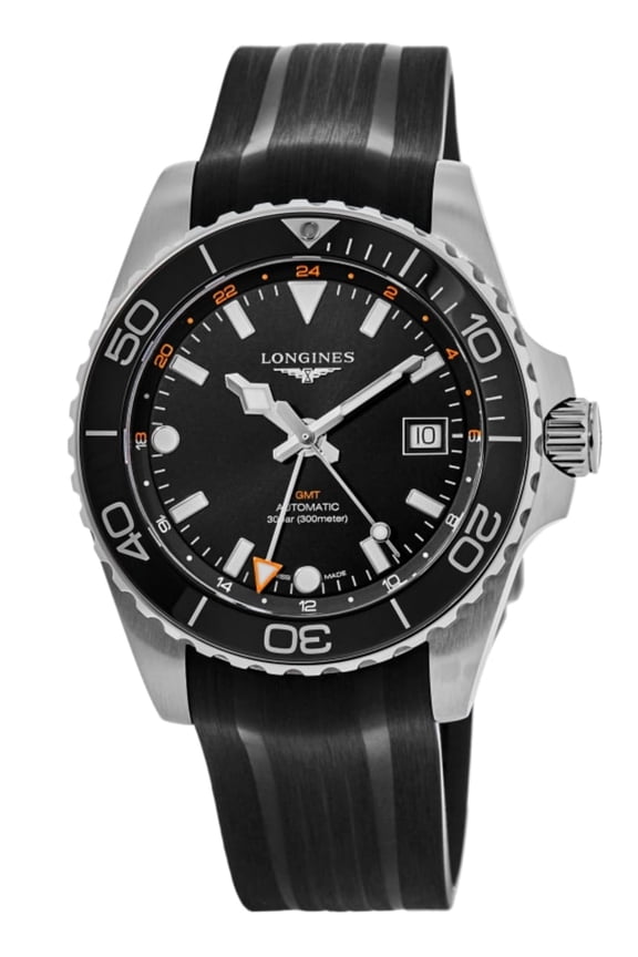 HydroConquest GMT Automatic Black Dial Rubber Strap Men's Watch L3.890.4.56.9