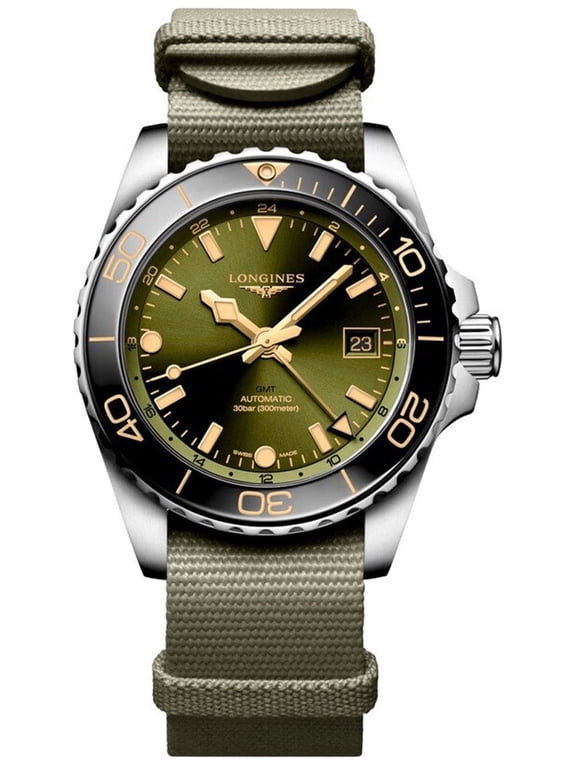 HydroConquest GMT Automatic Stainless Steel Green Dial Green Nylon NATO Strap Date Divers Mens Watch L37904062