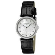 Longines La Grande Classique Stainless Steel Mother-Of-Pearl Dial Black Leather Strap Diamonds Quartz Womens Watch L4.513.0.87.2