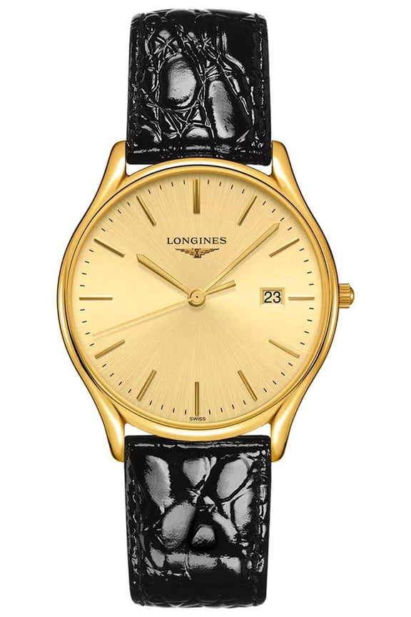 Lyre Yellow Gold PVD Gold-Tone Dial Black Leather Strap Date Quartz Mens Watch L4.859.2.32.2