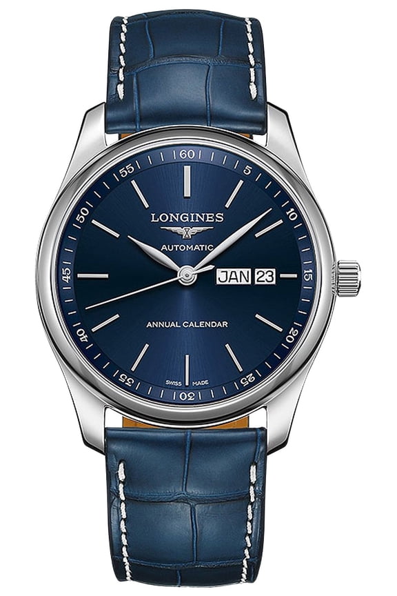 Master Collection Automatic Stainless Steel Blue Dial Blue Leather Strap Date/Month Mens Watch L2.910.4.92.0