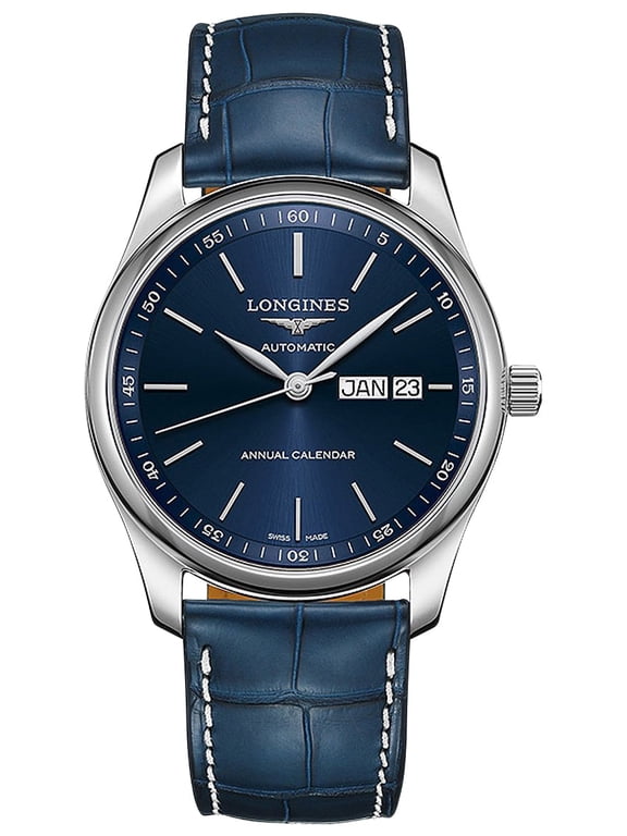 Master Collection Automatic Stainless Steel Blue Dial Blue Leather Strap Date/Month Mens Watch L2.910.4.92.0
